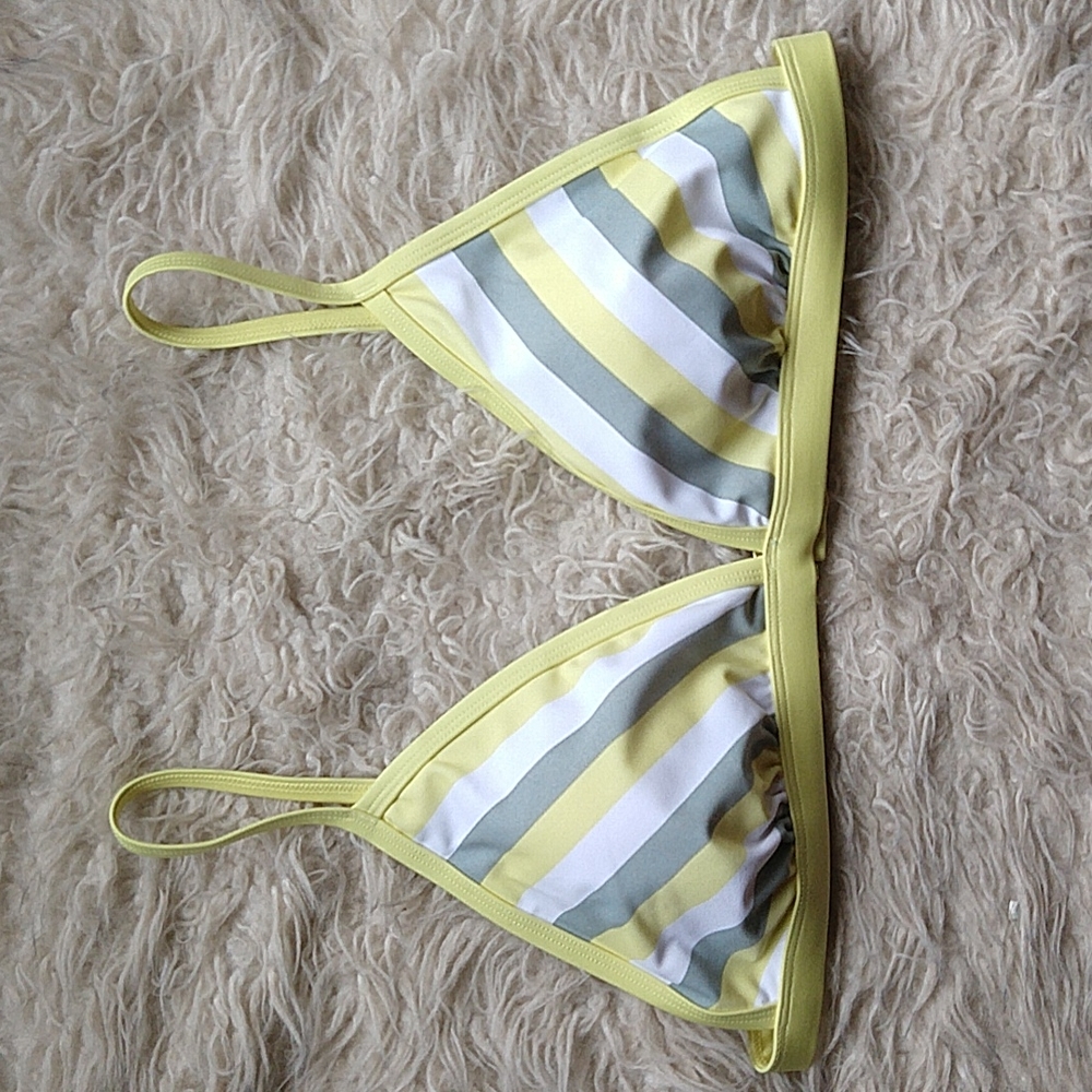 Kona Sol Butter Yellow Gray & White Striped Triangle Bikini Top L